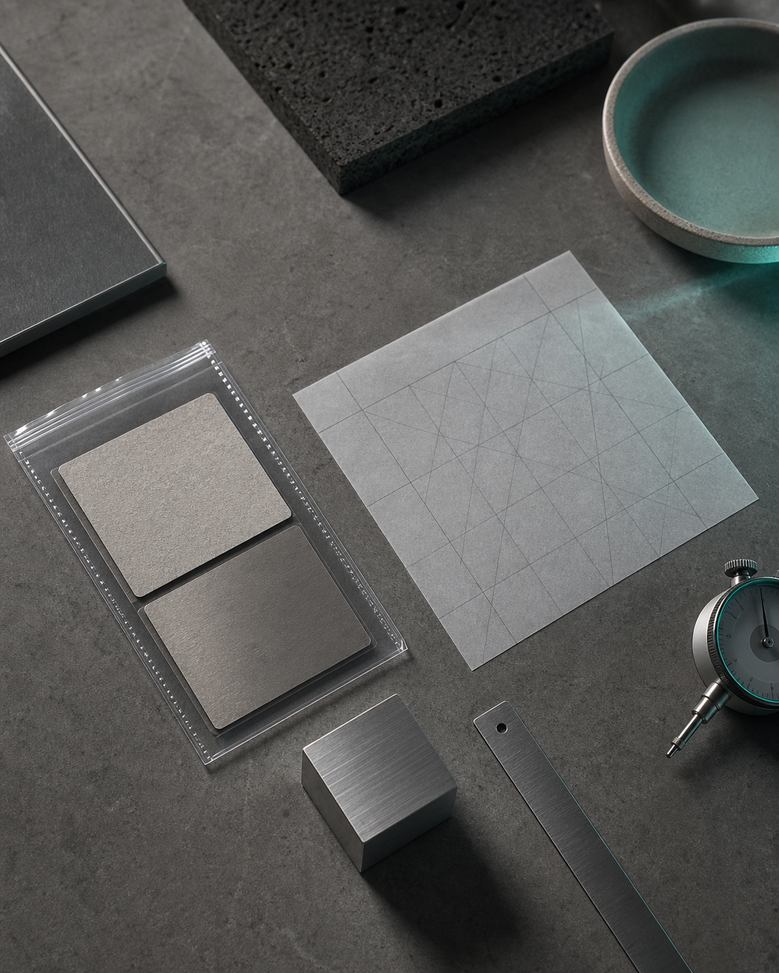 Illustrative material samples, a neutral check sheet, and a compact inspection instrument on a mineral-grey workbench