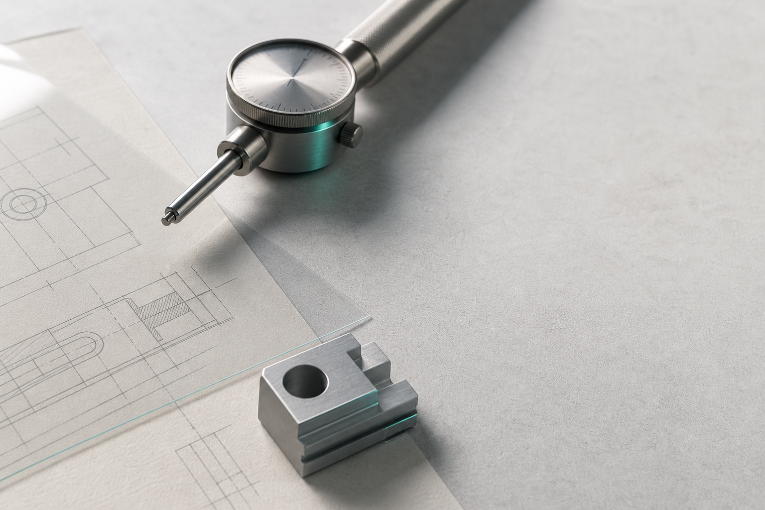 Inspection gauge, machined sample, and technical geometry on a work surface